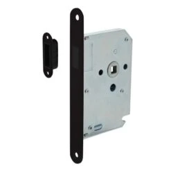 INTERSTEEL Woningbouw Magneet Slot, Voorplaat Afgerond Zwart, 20x175, Doorn 50mm Incl. Sluitplaat/kom